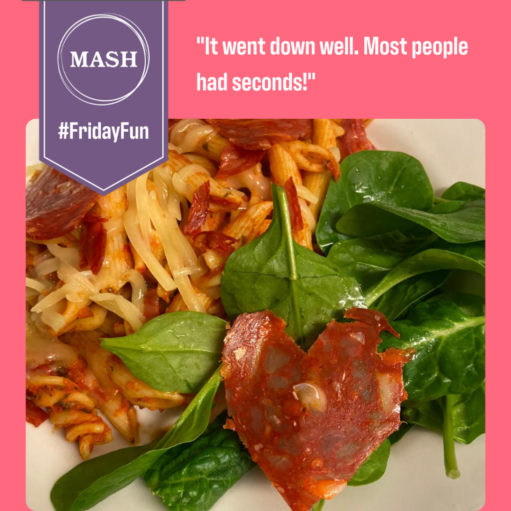 Image of tomato spaghetti pasta with caption "It went down well. Most people had seconds!" The pasta had the salami shaped into a heart shape