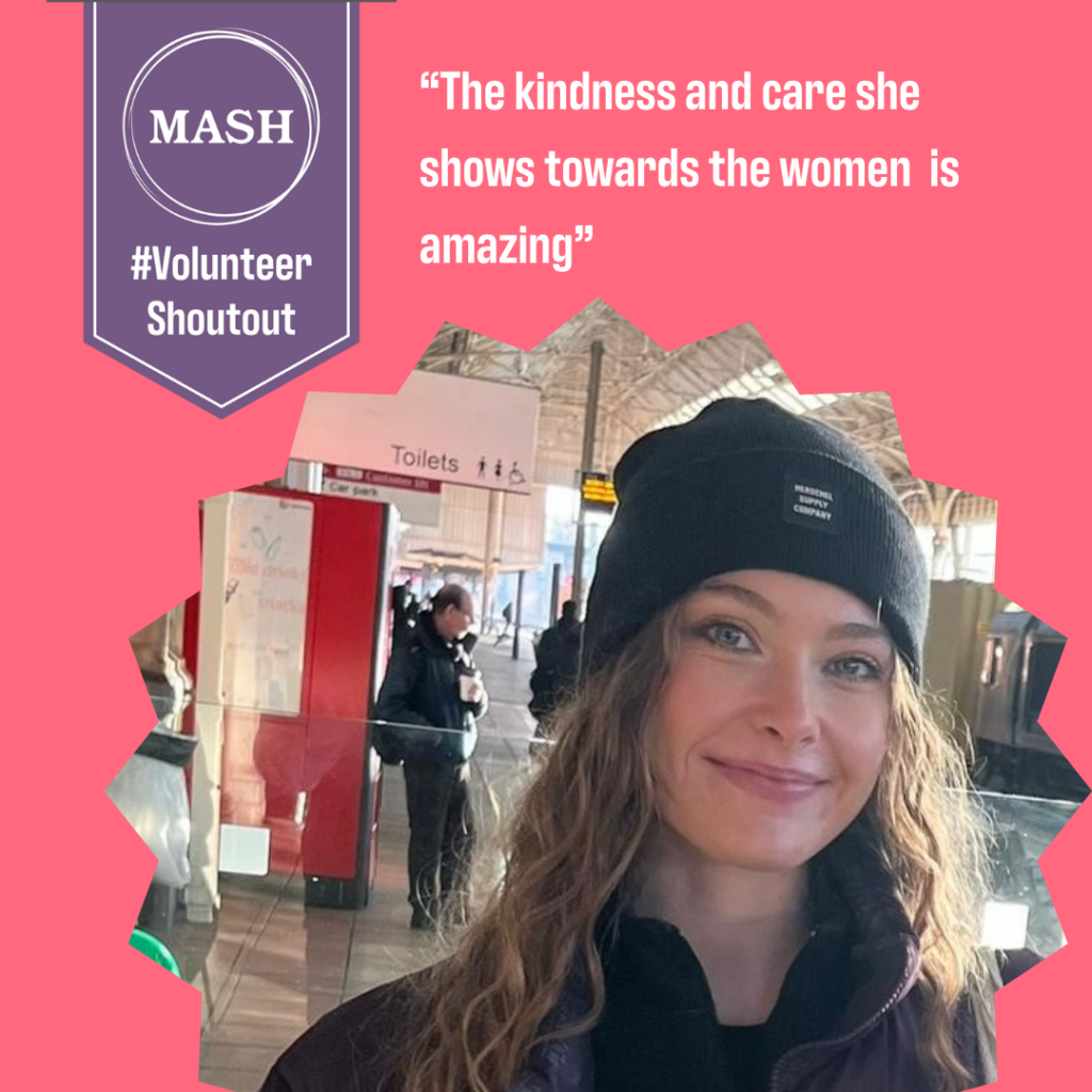 Volunteer Thomasin, with caption above saying "The kindness and care she shows towards the women is amazing."