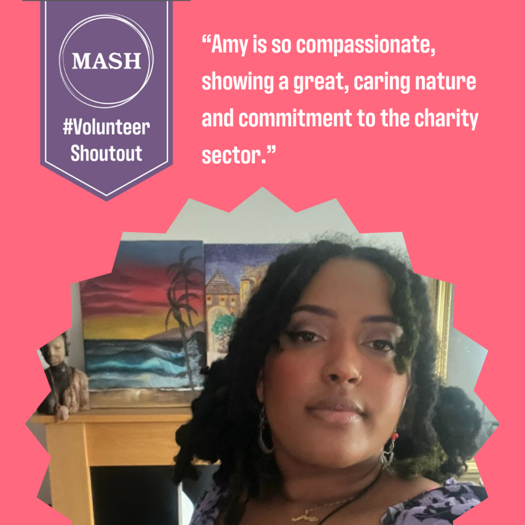 Volunteer, Amy, with caption above saying "Amy is so compassionate, showing a great, caring nature and commitment to the charity sector."