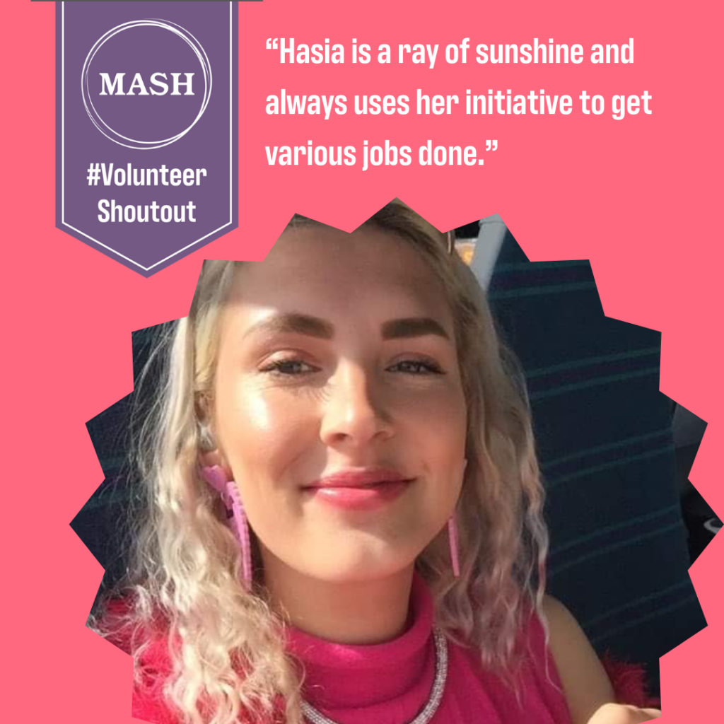 Volunteer, Hasia, with caption "Hasia is a ray of sunshine and always uses her initiative to get various jobs done."