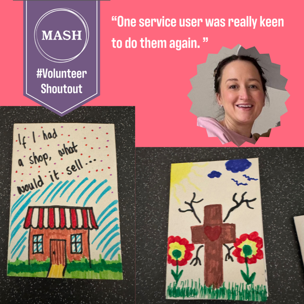 Volunteer Jess with caption "One service user was really keen to do them again." and two zine images below - one with a little shop and one with a gravestone and flowers