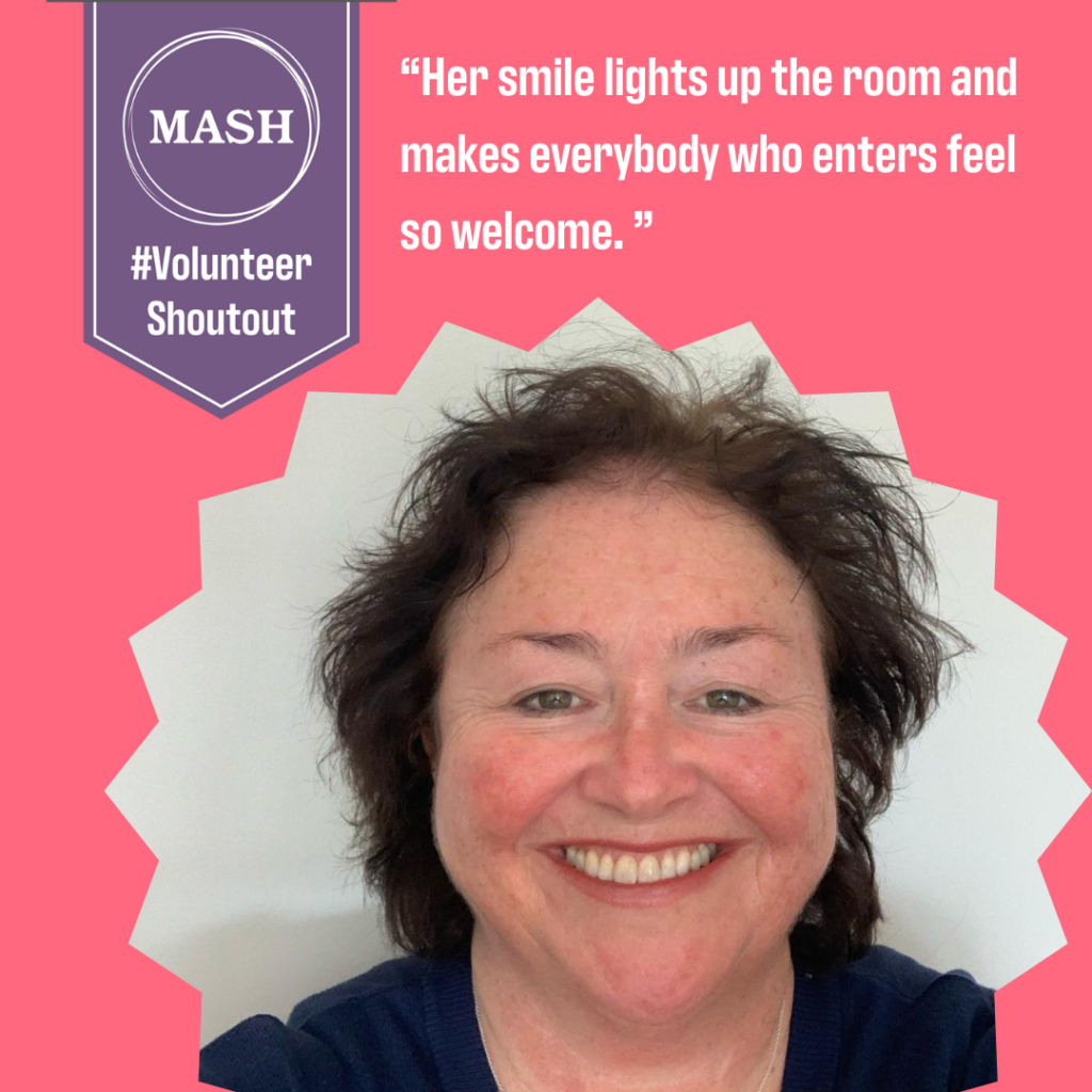 Purple banner top left with #VolunteerShoutOut on a pink background. Quote of "Her smile lights up the room and makes everybody who enters feel so welcome." and headshot of Sarah smiling at camera below.