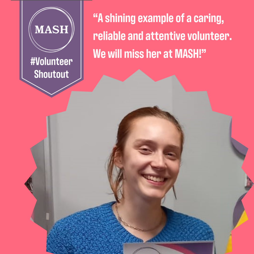 Purple banner top left with #VolunteerShoutOut on pink background. Quote "A shining example of a caring, reliable and attentive volunteer. We will miss her at MASH!" Headshot of Georgia smiling at camera.