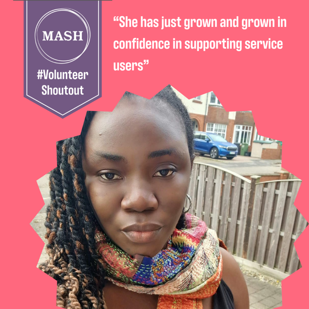 Purple banner top left with #VolunteerShoutOut on pink background. Quote "She has just grown and grown in confidence in supporting service users." Image below of Bukola smiling at the camera.