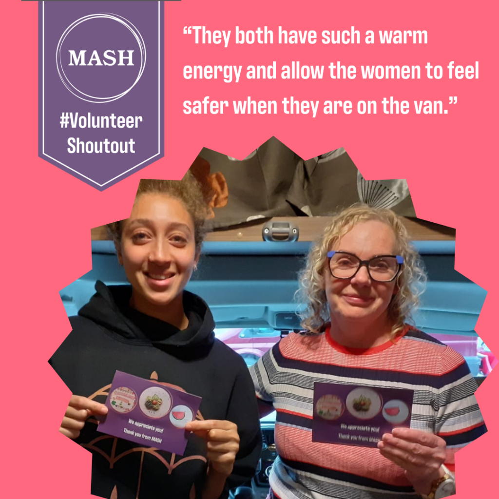 Purple banner top left with #VolunteerShoutOut on pink background. Quote "They both have such a warm energy and allow the women to feel safer when they are on the van." Image below of Bev and Olivia smiling with postcards.