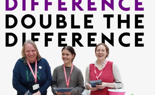 Double the difference graphic with three smiling MASH fundraisers holding pink buckets