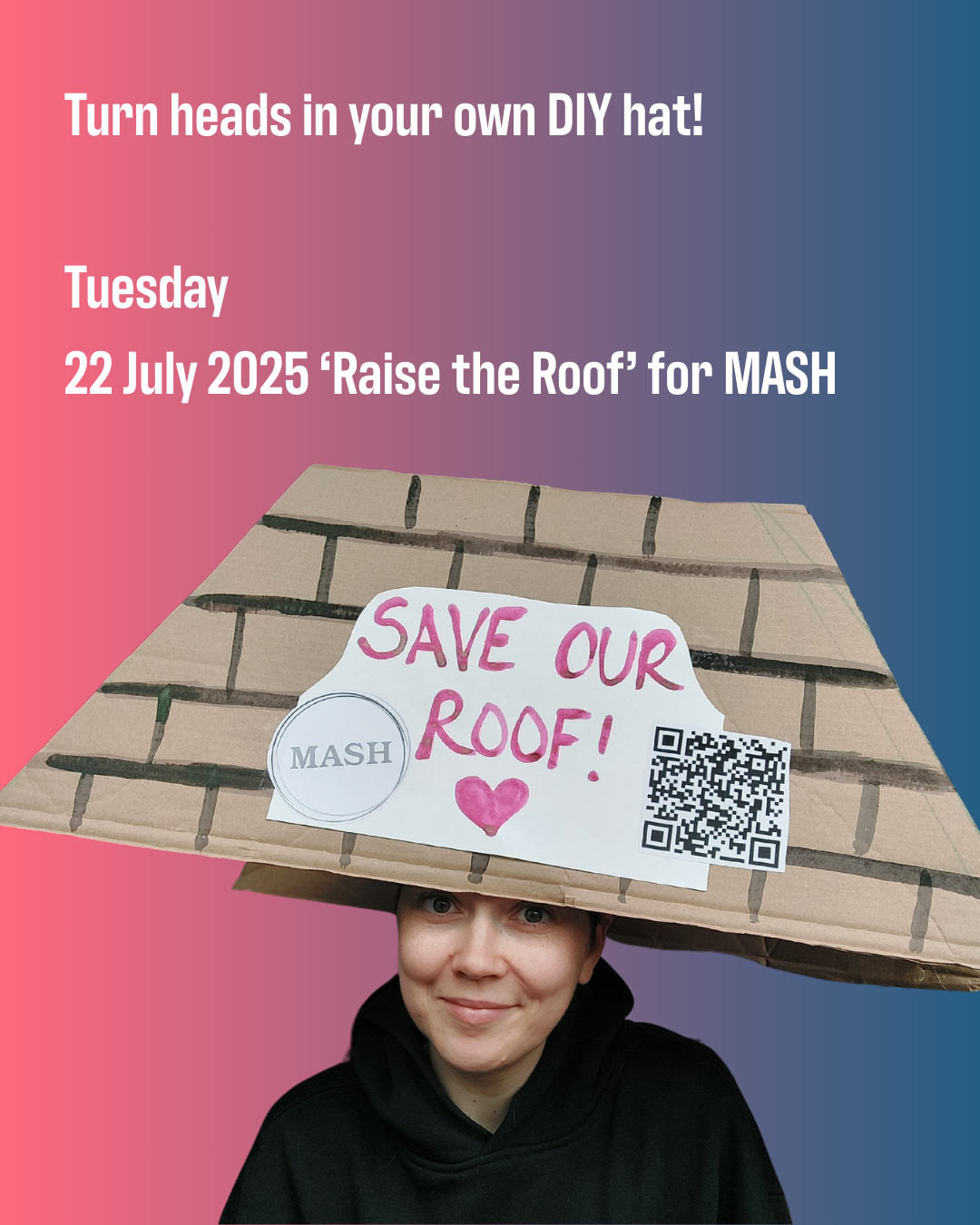 MASH colleague smiling and wearing a giant cardboard hat in the shape of a roof, with roof tiles painted on and 'save our roof'